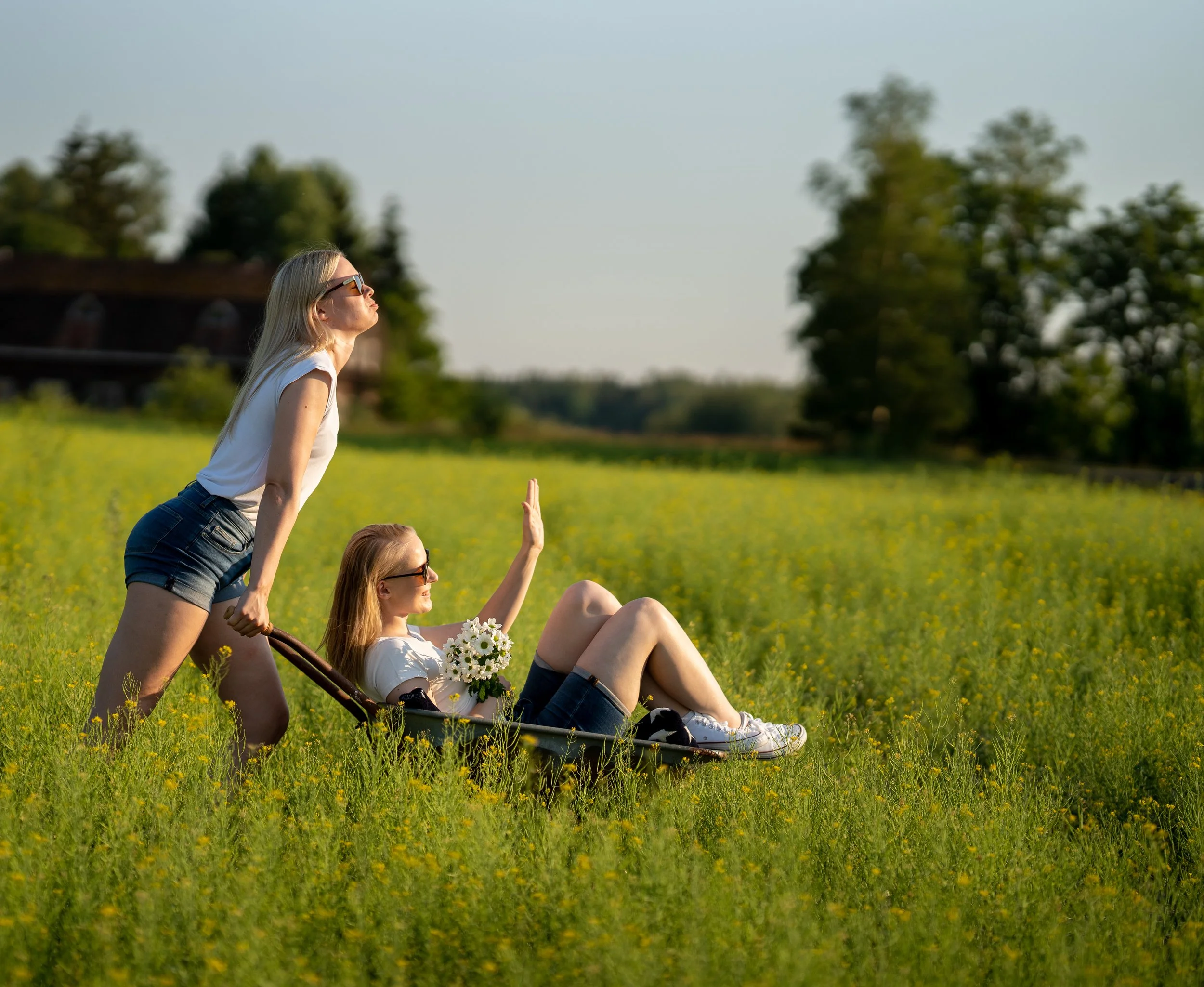 Two young women with blonde hair enjoying a sunny day in a grassy field; one is sitting in a wheelbarrow holding flowers and raising her hand, while the other is pushing it, both smiling and wearing sunglasses, surrounded by green trees.
