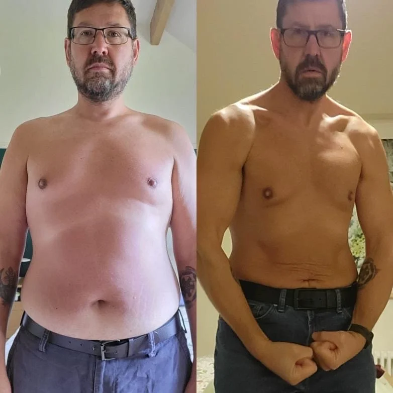 Side-by-side comparison of a shirtless man with glasses and a beard, showing a significant weight loss and muscle gain, in different poses.