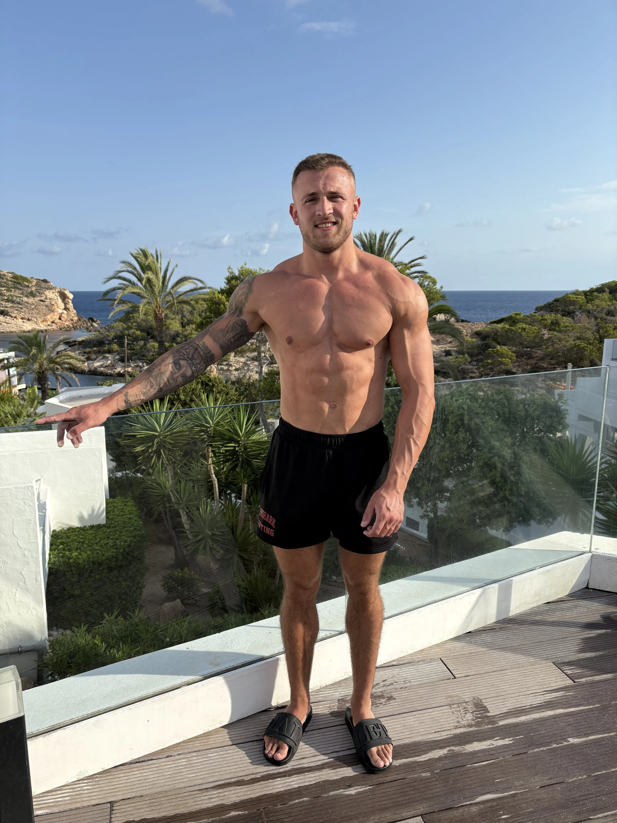 A shirtless man standing on a wooden deck with a view of the ocean, palm trees, and rocky hills in the background. He is wearing black shorts and black slides.
