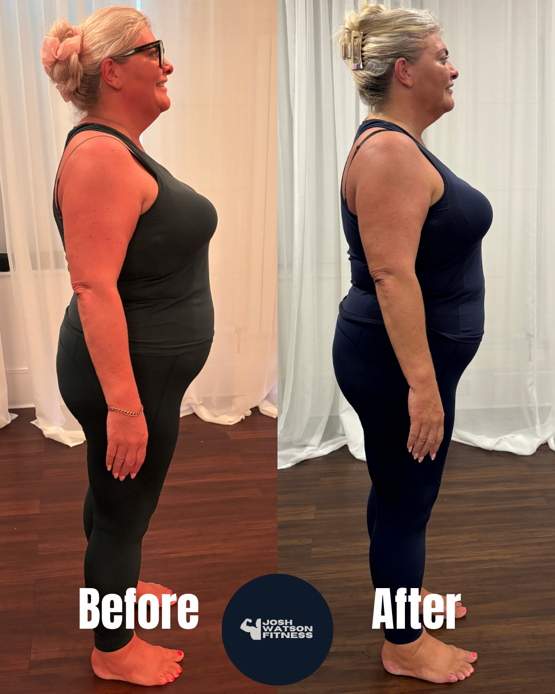 Side-by-side photos of a woman showing before and after fitness transformation, wearing black workout clothes, with white curtains in the background, smiling, and displaying changes in body shape.