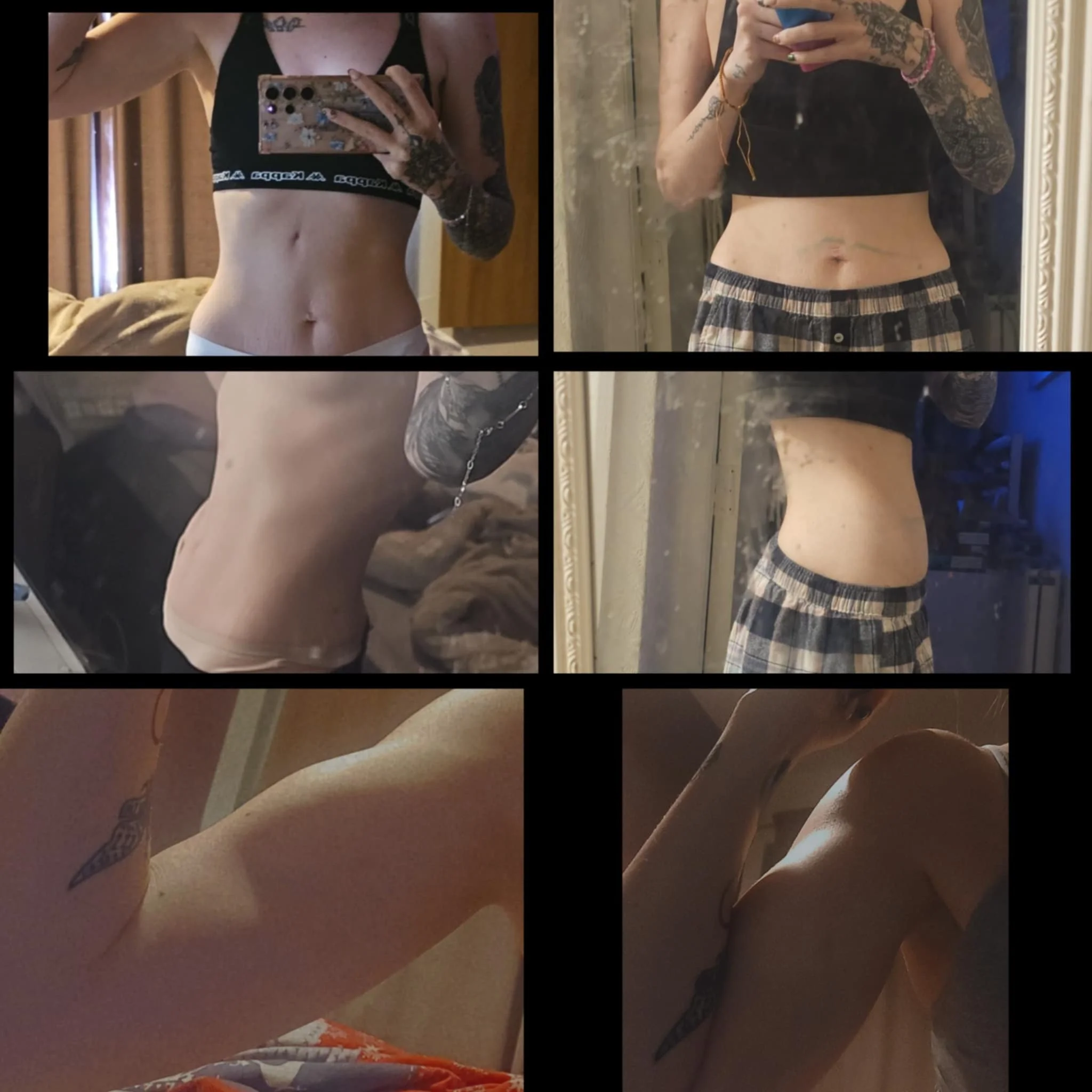 A collage of six photos showing a woman's torso at different angles, focusing on her waist and abdominal area. She has tattoos on her arms and torso, and in some images, she is wearing a black sports bra or top, with plaid shorts or beige underwear, taking mirror selfies.