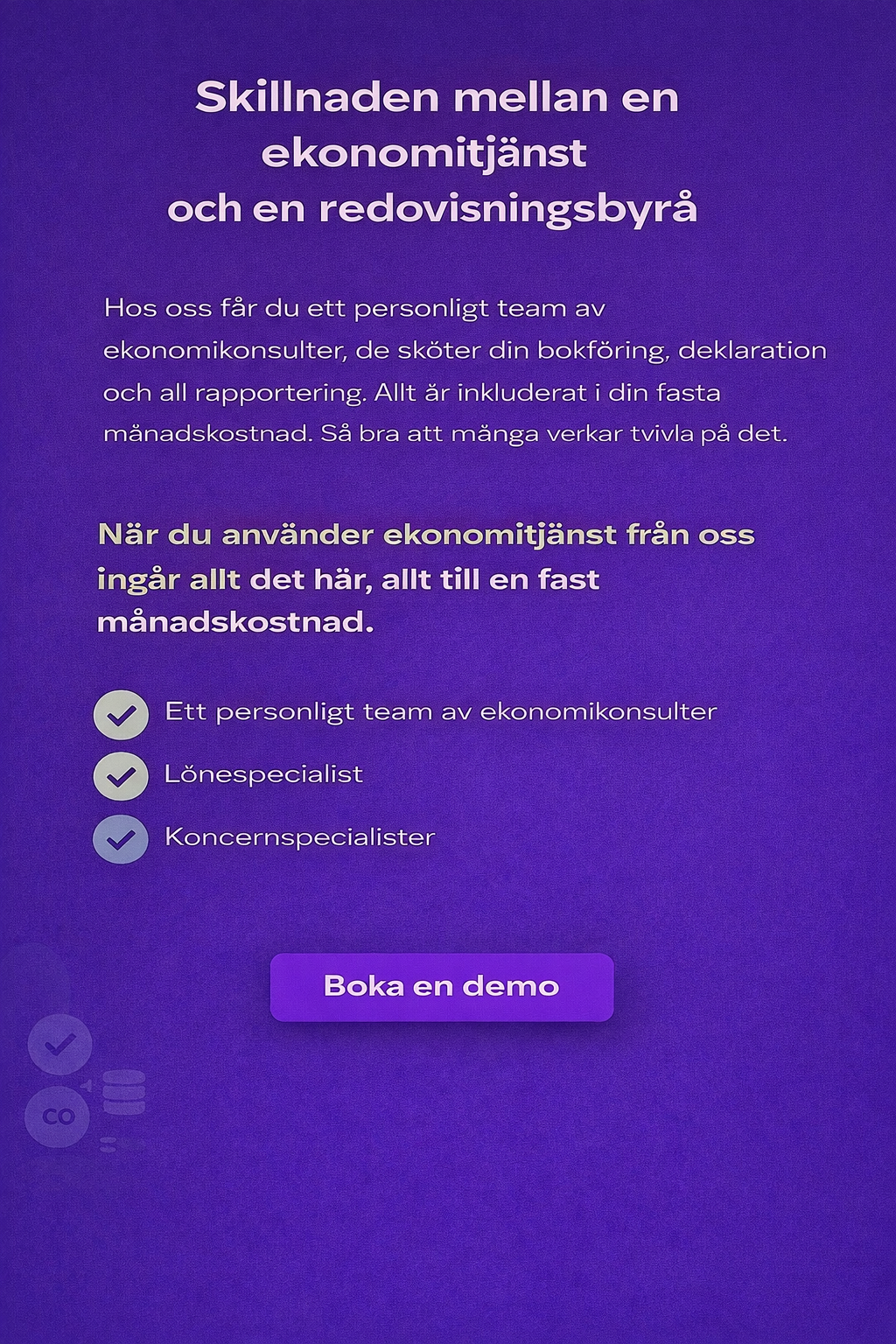 Swedish advertisement about accounting and finance services, highlighting a personal team of consultants, a salary specialist, and corporate specialists, with a purple background and a "Book a demo" button.