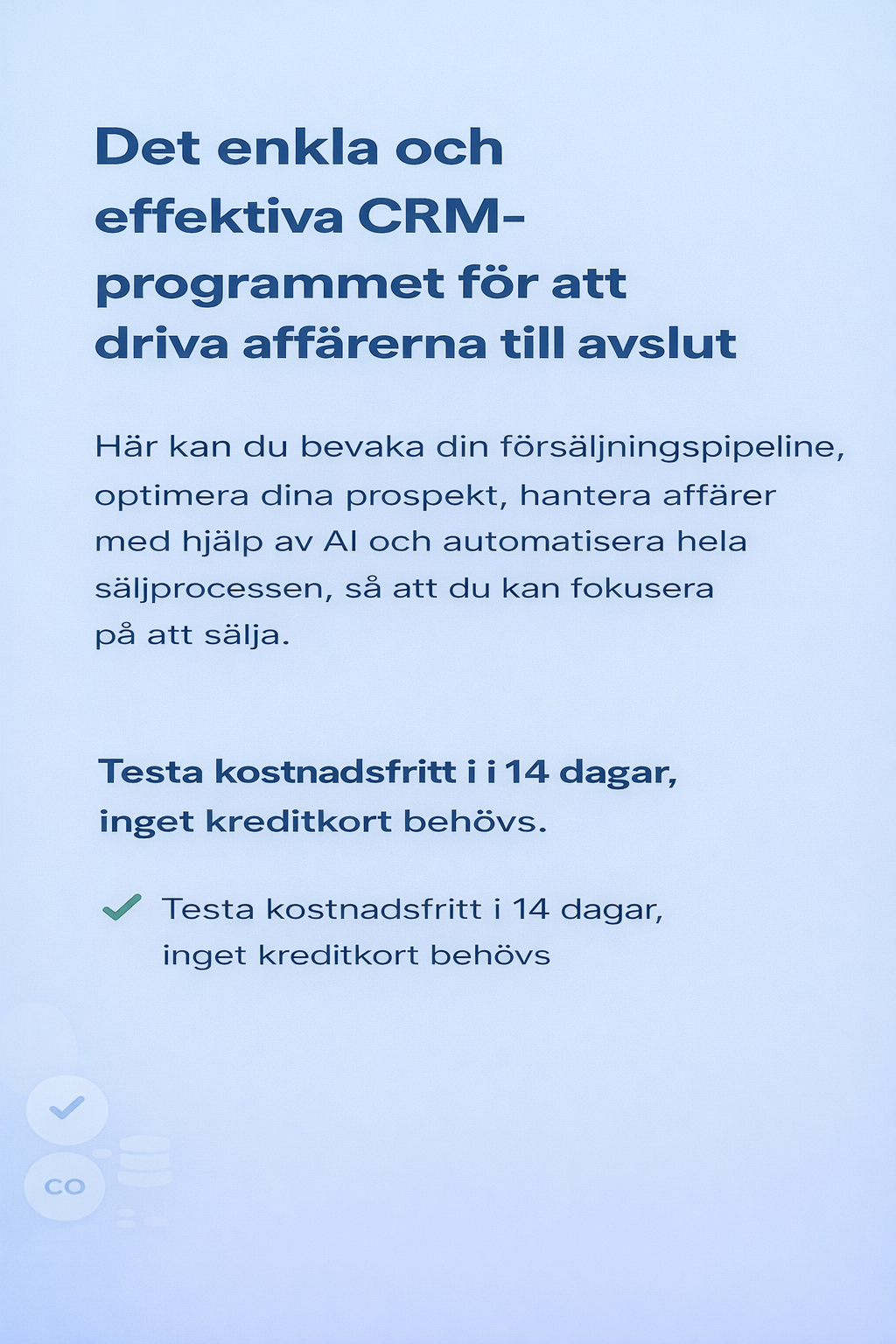 Swedish-language digital advertisement for a CRM program highlighting its features and a free 14-day trial, with a blue background and white text.
