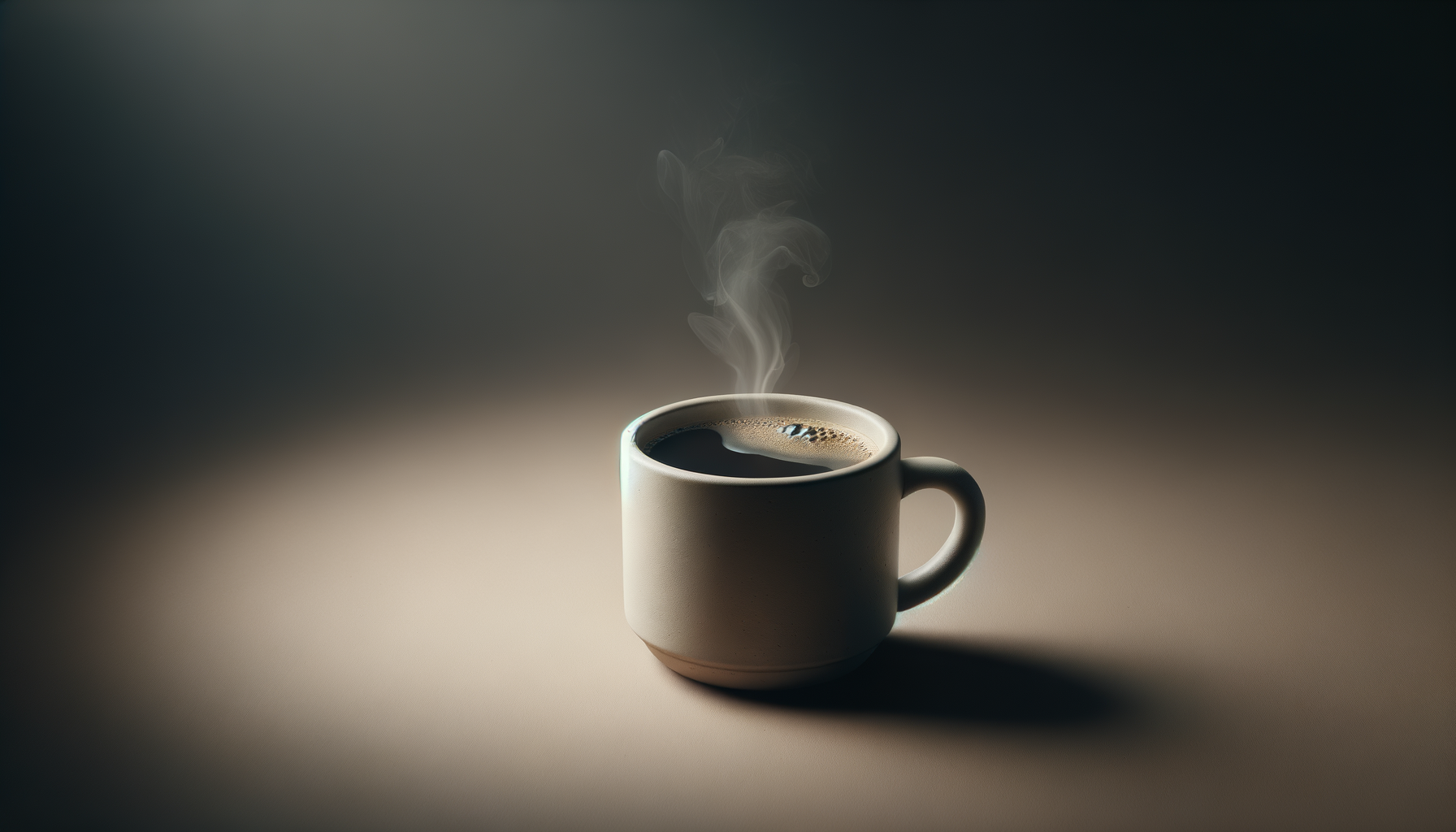 A white ceramic cup filled with black coffee, with steam rising from it, placed on a plain surface with a subtle shadow.