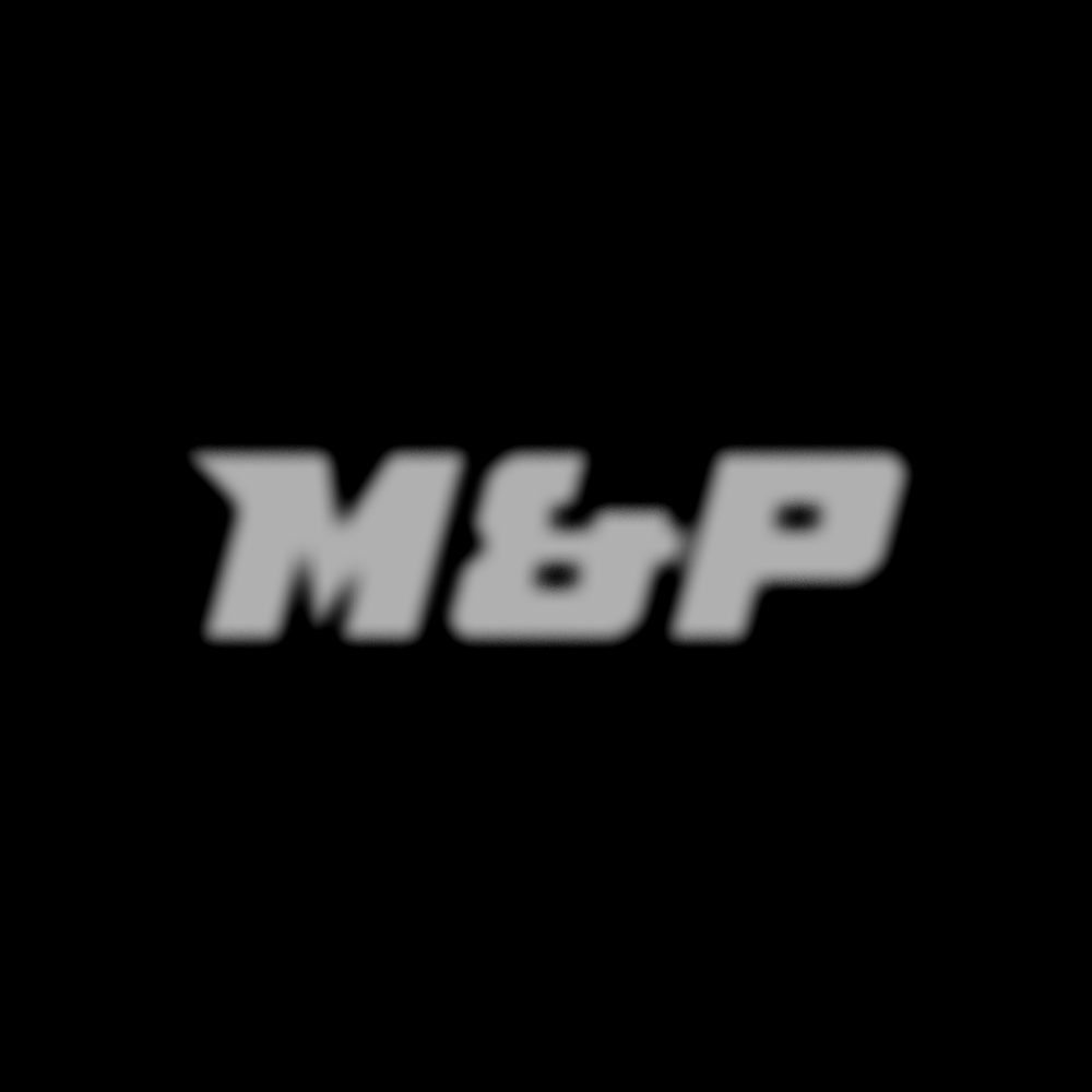 Close-up of the M&M's logo with gray text on a black background.