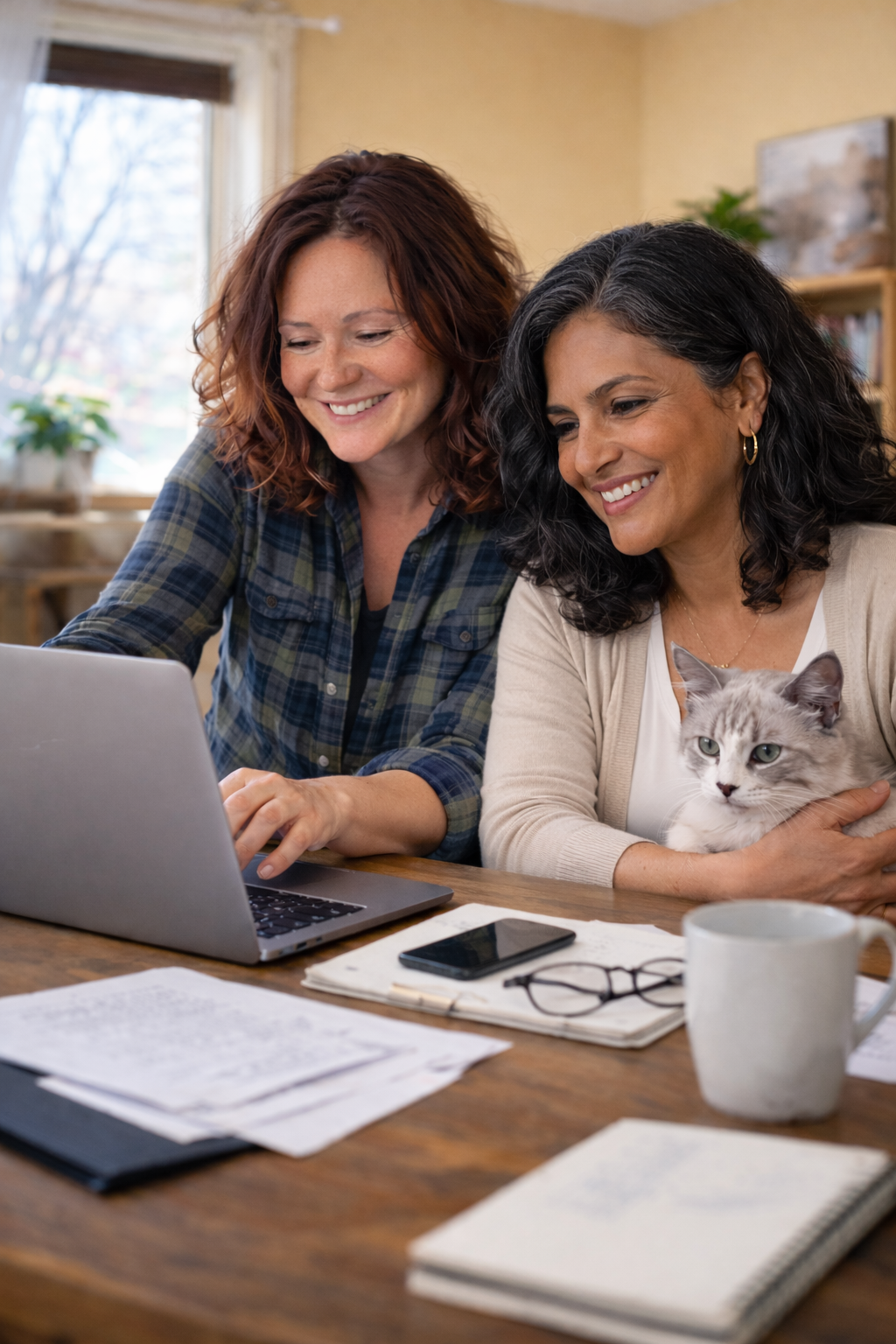 Personal assistant helping client on her laptop. Client has a cat in her arms.