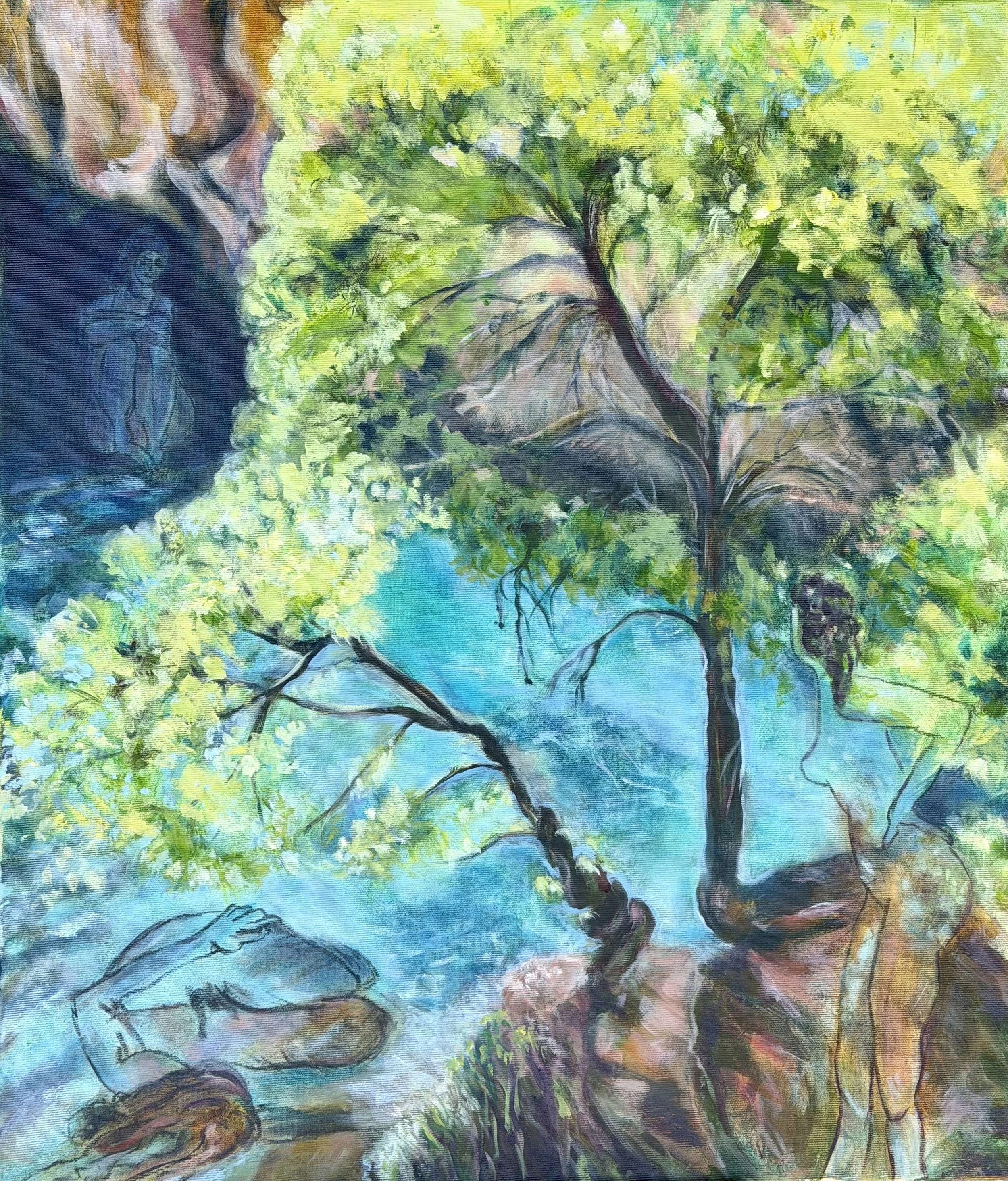 A dreamlike landscape where figure, nature and memory intertwine.Luminous blues and greens evoke a sense of sanctuary, while shadowed forms bring a introspective quality-blurring the boundary between the inner world and the landscape beyond