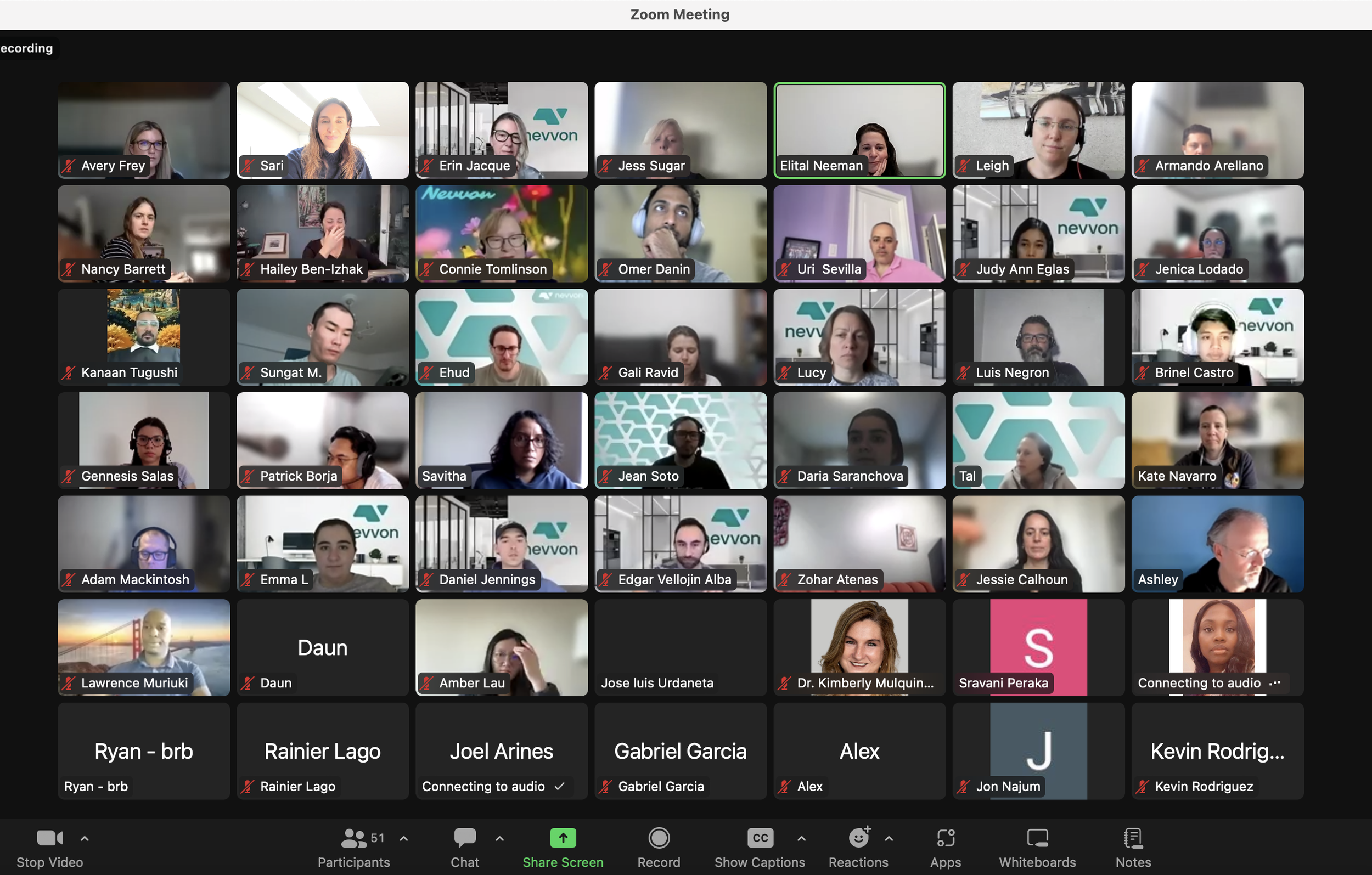 Screenshot of a Zoom meeting with multiple participants, some with company logos backgrounds, all with muted microphones.