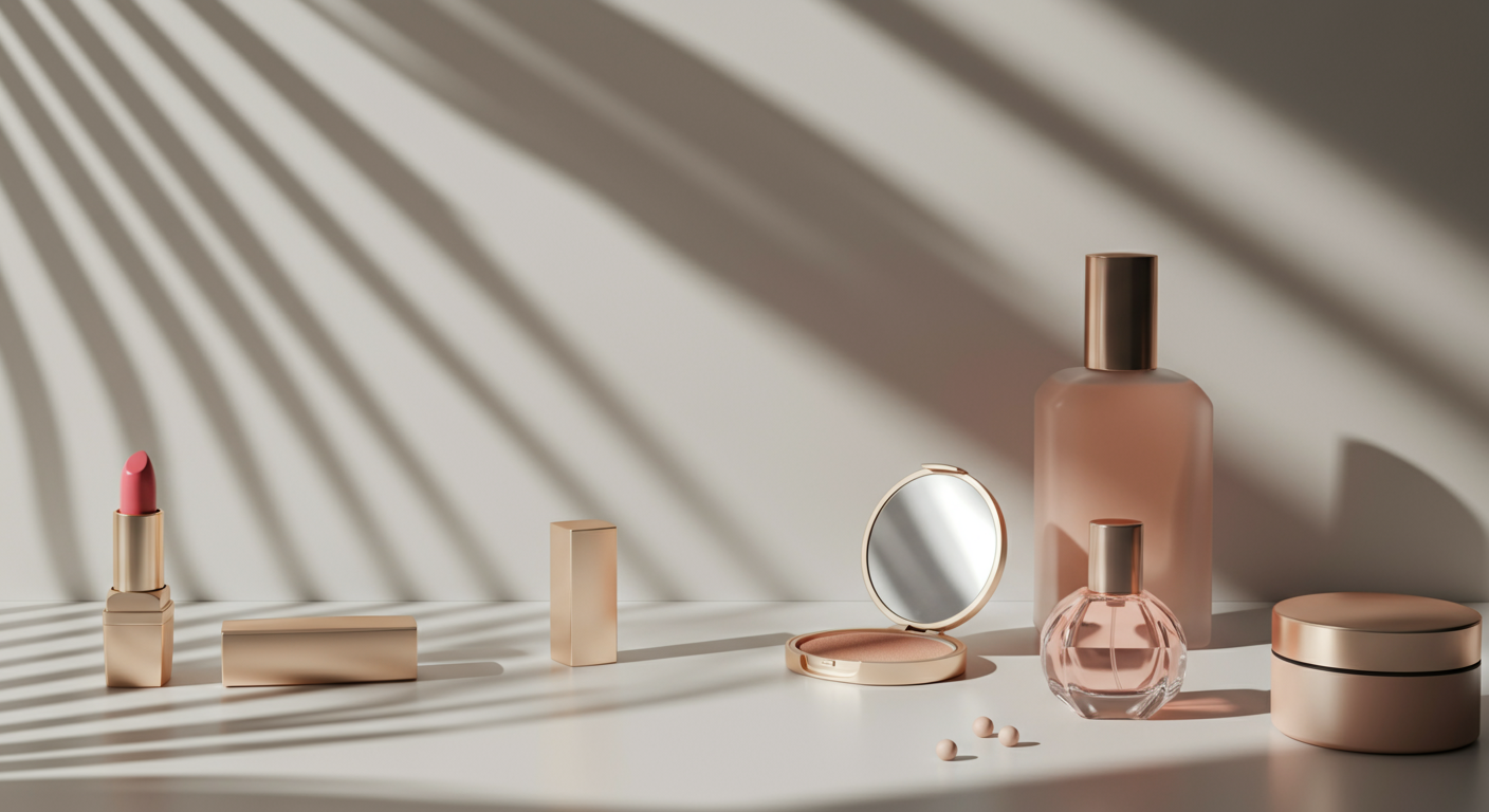 A collection of beauty and hair products on a white surface, including lipstick, lip liner, fashion with shadows cast by a nearby plant.