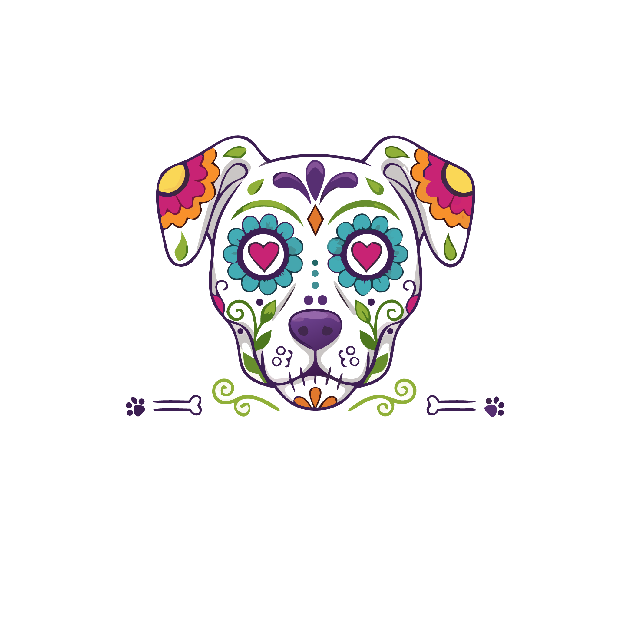 Stylized logo for a bakery called 'Day of the Dog Bakery', featuring a decorated dog skull with floral and heart motifs and bones below the name.