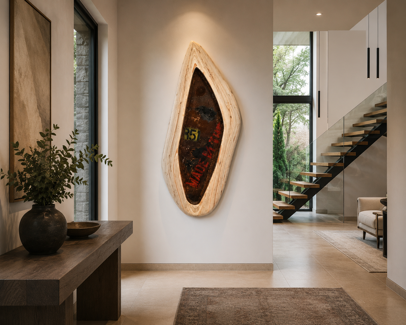 Modern interior with a wooden staircase, large windows, a wall-mounted art piece resembling a wood slice with embedded signs, a console table with a plant, and a beige armchair.