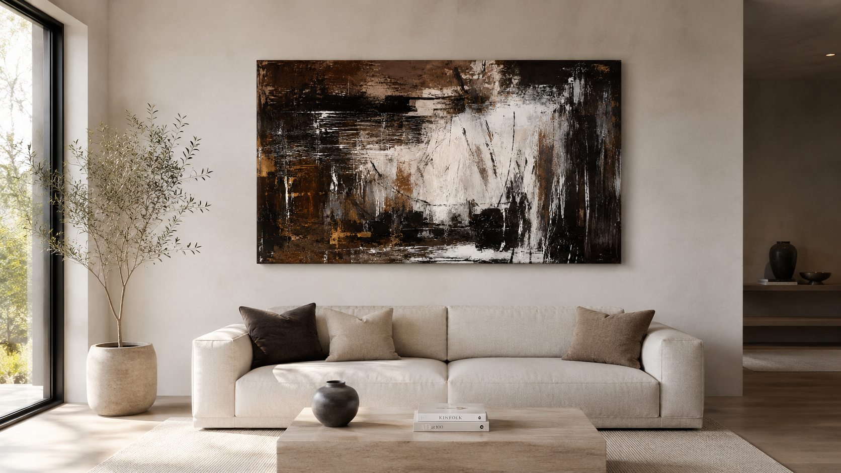Weathered Light | Contemporary Abstract Canvas Print | Espresso, Ivory & Bronze Wall Art