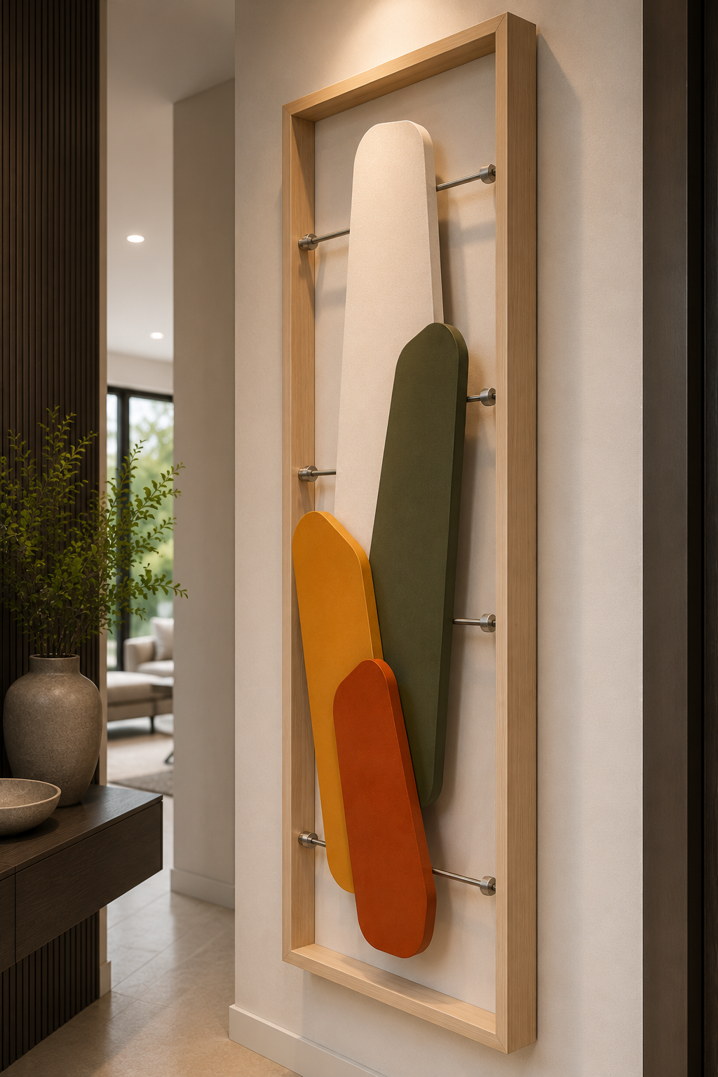 Decorative wall art with abstract shapes in white, green, yellow, and orange mounted inside a wooden frame on a beige wall, in a modern interior setting.