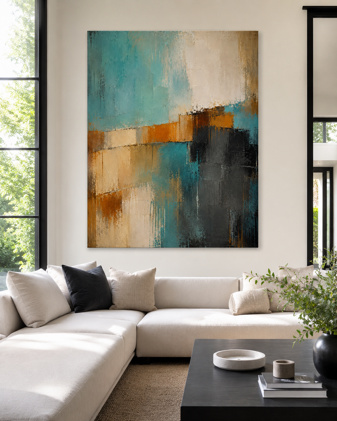 Harvest Moon - Contemporary Abstract Canvas Print in Teal, Ochre & Ivory