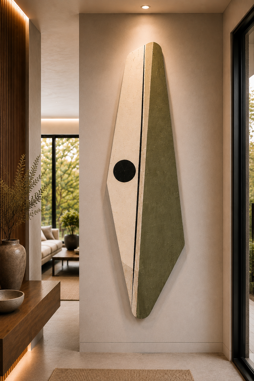 Contemporary wall art with geometric shapes and textured surfaces in a modern, well-lit interior space.