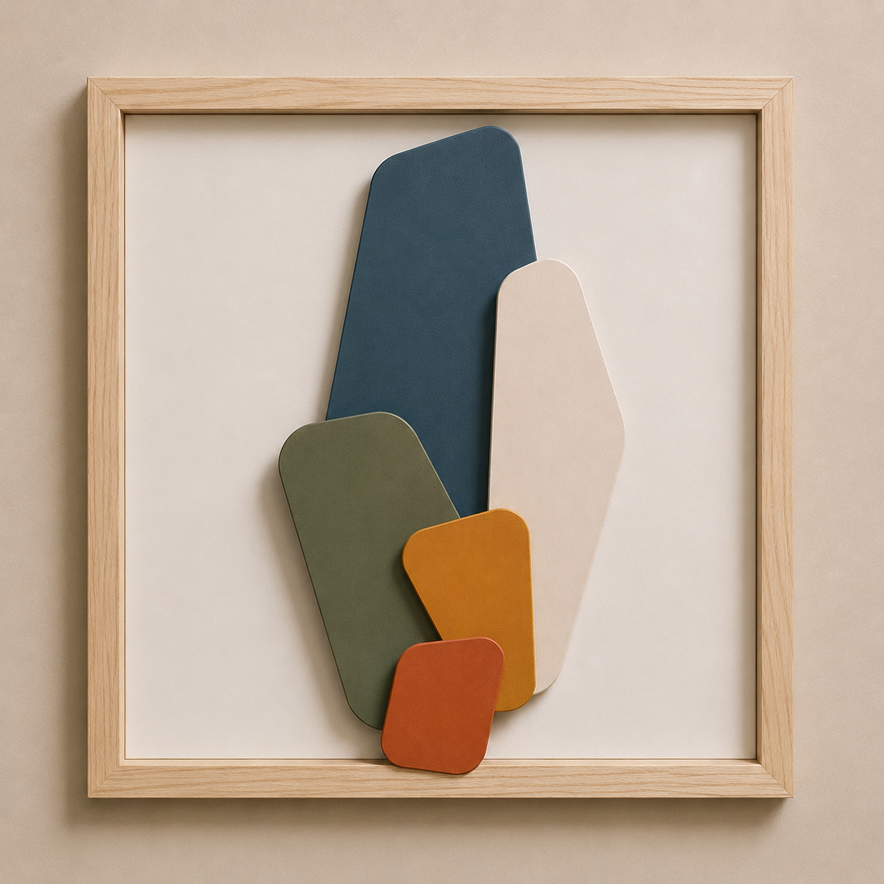 Abstract art piece featuring five overlapping colored shapes in a wooden frame on a beige background.