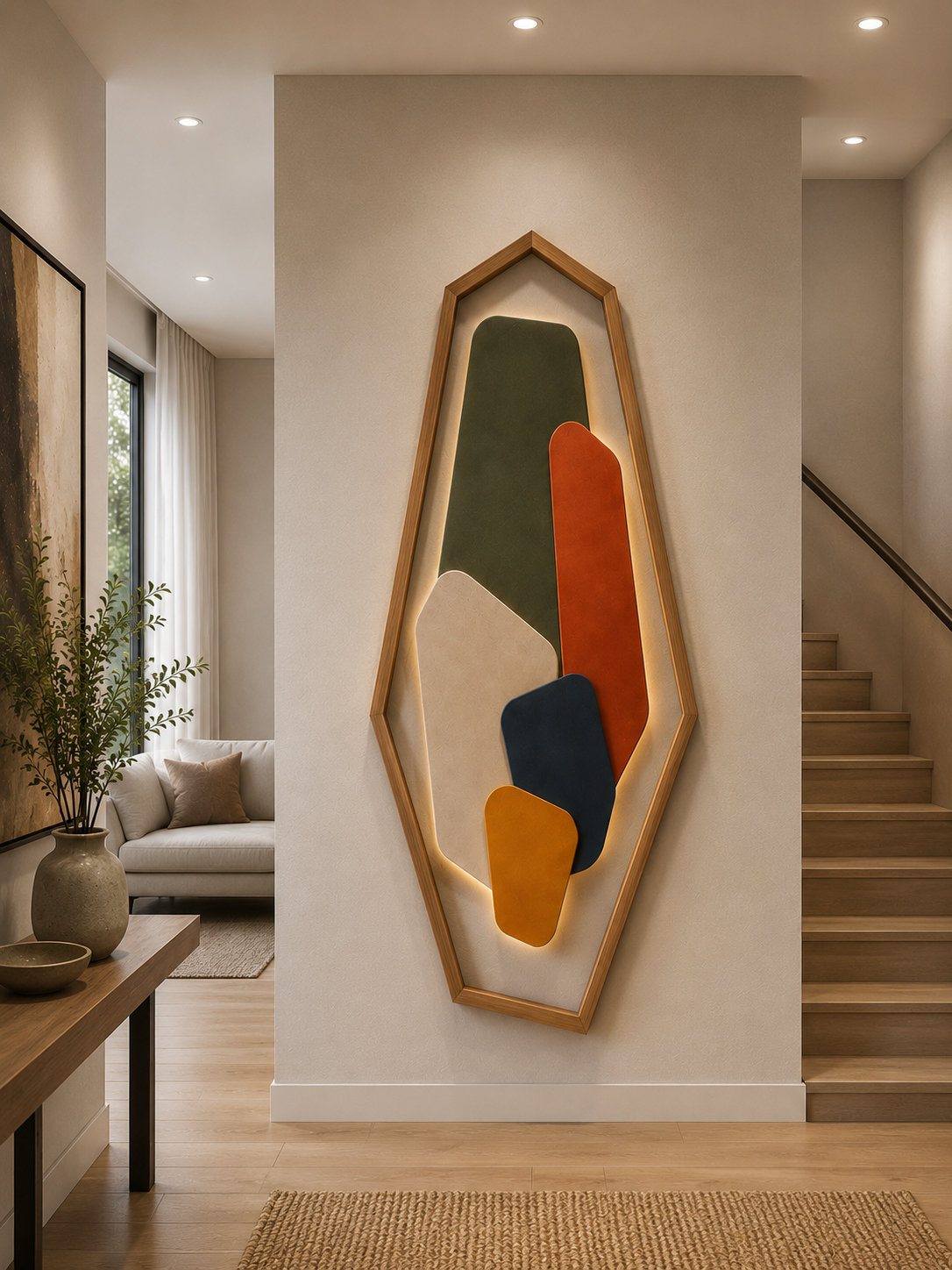 Colorful geometric wall art inside a modern living room with stairs, sofa, and natural lighting.
