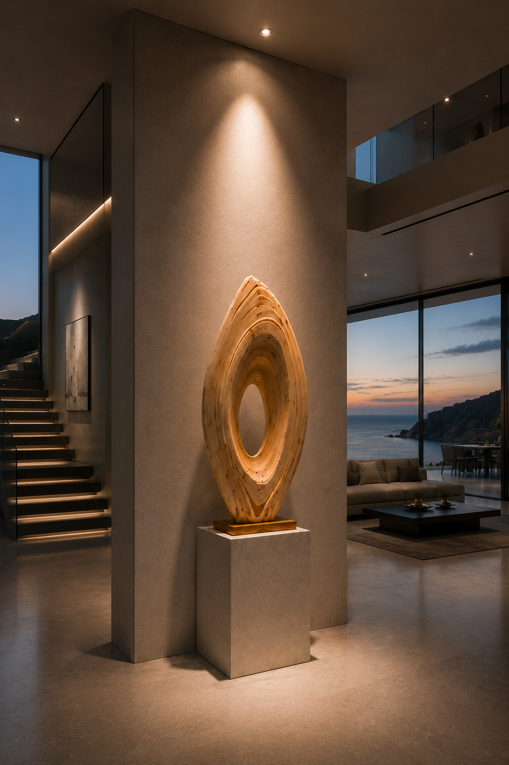 Modern interior with artistic wooden sculpture on pedestal, staircase, and living area with large windows showing ocean view at sunset.