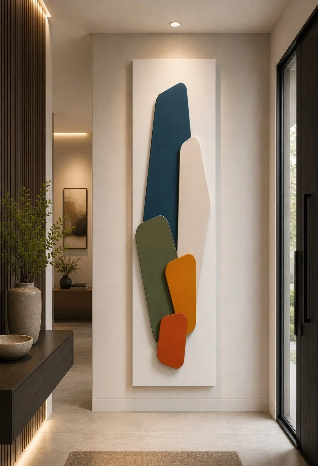 Modern interior hallway with abstract wall art featuring colorful, irregularly shaped panels in blue, white, green, orange, and red, next to a sliding glass door and a wooden wall with potted plants.