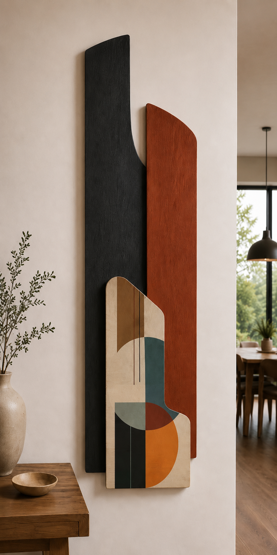 Modern abstract wall art with black, orange, and geometric shapes in a home interior.