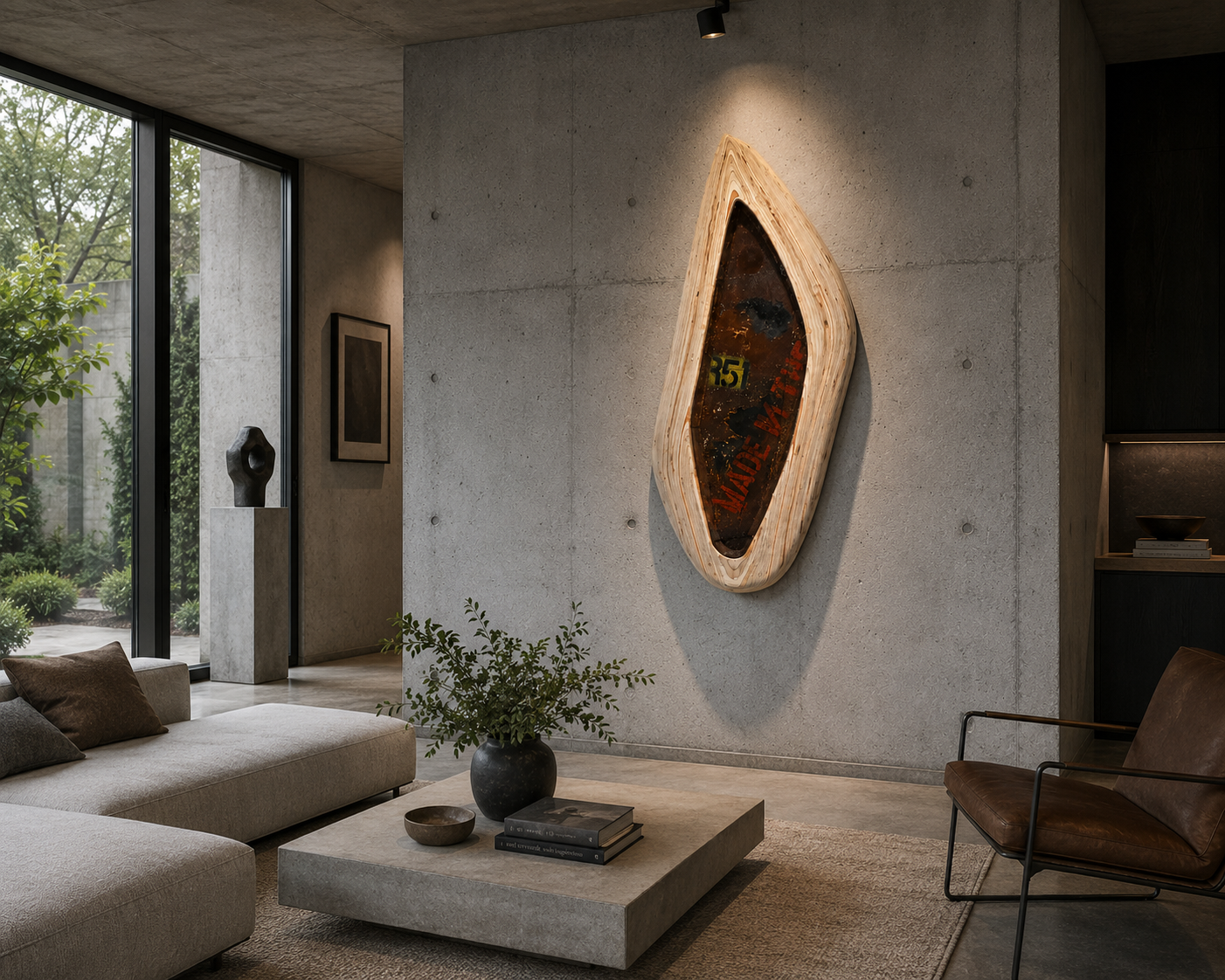 Modern living room with concrete walls, large glass windows, contemporary art sculptures, and abstract wall art.