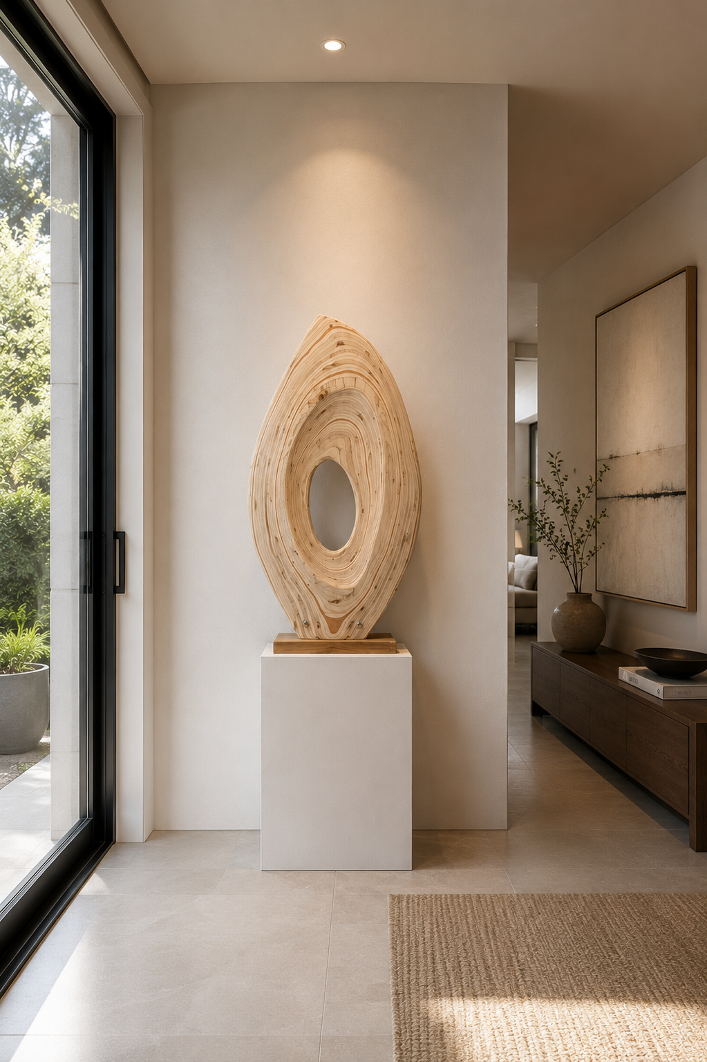 Contemporary interior with a large wooden abstract sculpture on a pedestal near sliding glass door, beige tiled floor, and minimalist decor including a potted plant and modern artwork.