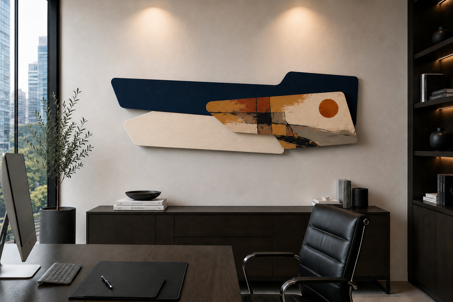 Modern office with a wooden desk, black leather chair, a computer monitor, keyboard, and notebook. On the wall, there's abstract wall art with geometric shapes and earthy tones. Large window with city view, potted plant, and shelves with decorative items.