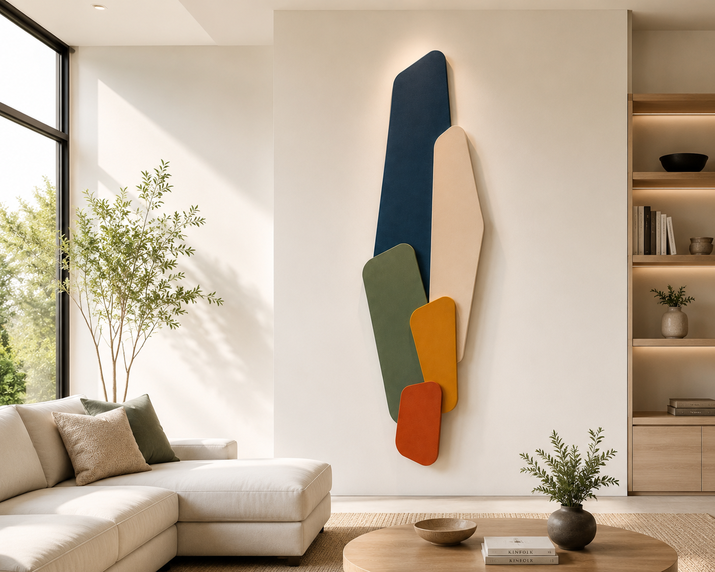 Modern living room with beige sectional sofa, decorative pillows, large window with greenery outside, and a multi-colored abstract wall art piece with overlapping shapes in blue, beige, green, yellow, and orange. Shelves with books and decor are on the right, and a round wooden coffee table with a potted plant and magazines is in the foreground.