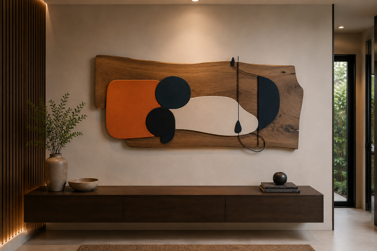 Modern interior with a wooden sideboard, a decorative vase containing green branches, a shallow bowl, and a black spherical object with books. There is a large abstract wall art piece with irregular wooden, black, orange, beige, and dark blue shapes mounted on a beige wall. A sliding glass door to the right shows outdoor greenery.