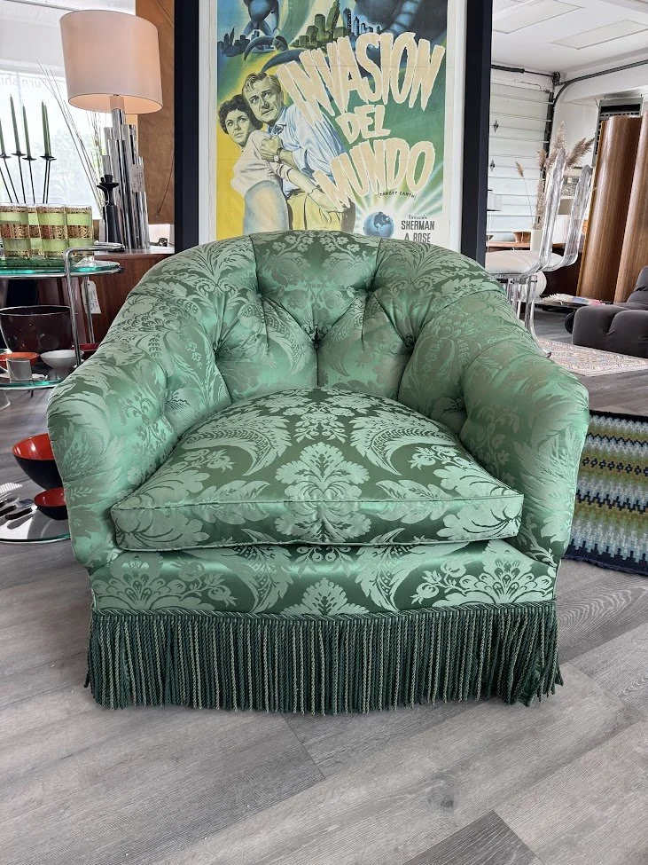 Fabulous Hollywood Glam Custom Upholstered Tufted Club Chair w Green Damask Uphostery, feather cushion and bullion  fringe