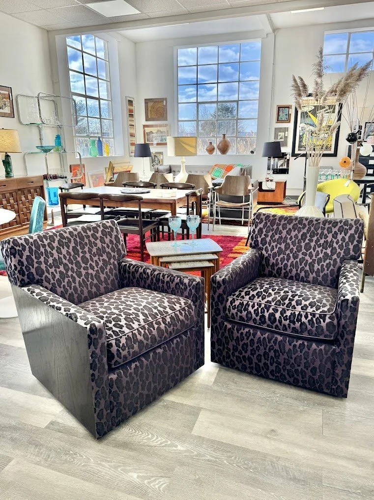 Pair of A Rudin Swiveling Club Chairs In Purple and Black Faux Leopard 