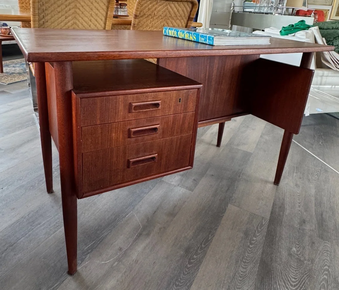 Mid Century Danish Teak Desk w Floating Top and Finished Back w Built in Bookcase