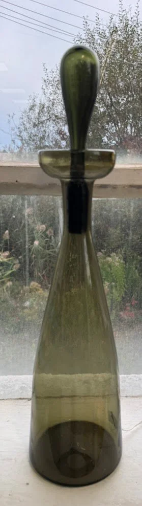 Mid Century Large Handblown Smoky Green Glass Genie Bottle
