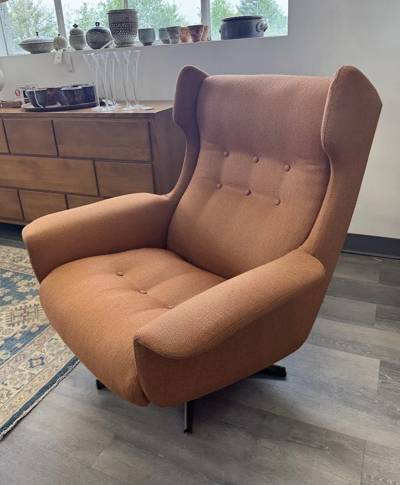 Vintage Mid Century Wing Back Swivel Recliner by Bramin Denmark (Reupholstered)