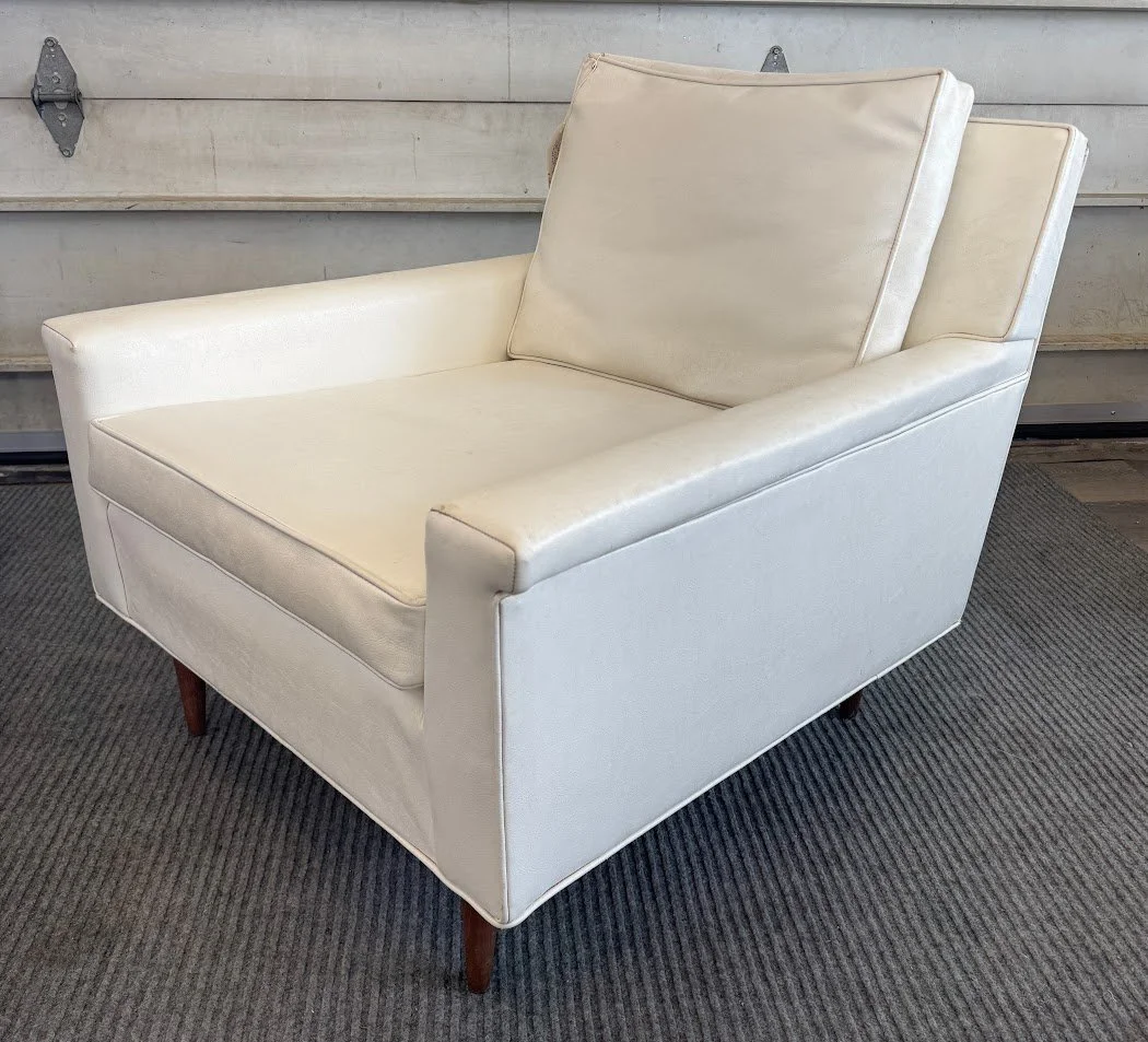 Mid Century White Vinyl Lounge Chair w Walnut Taper Legs