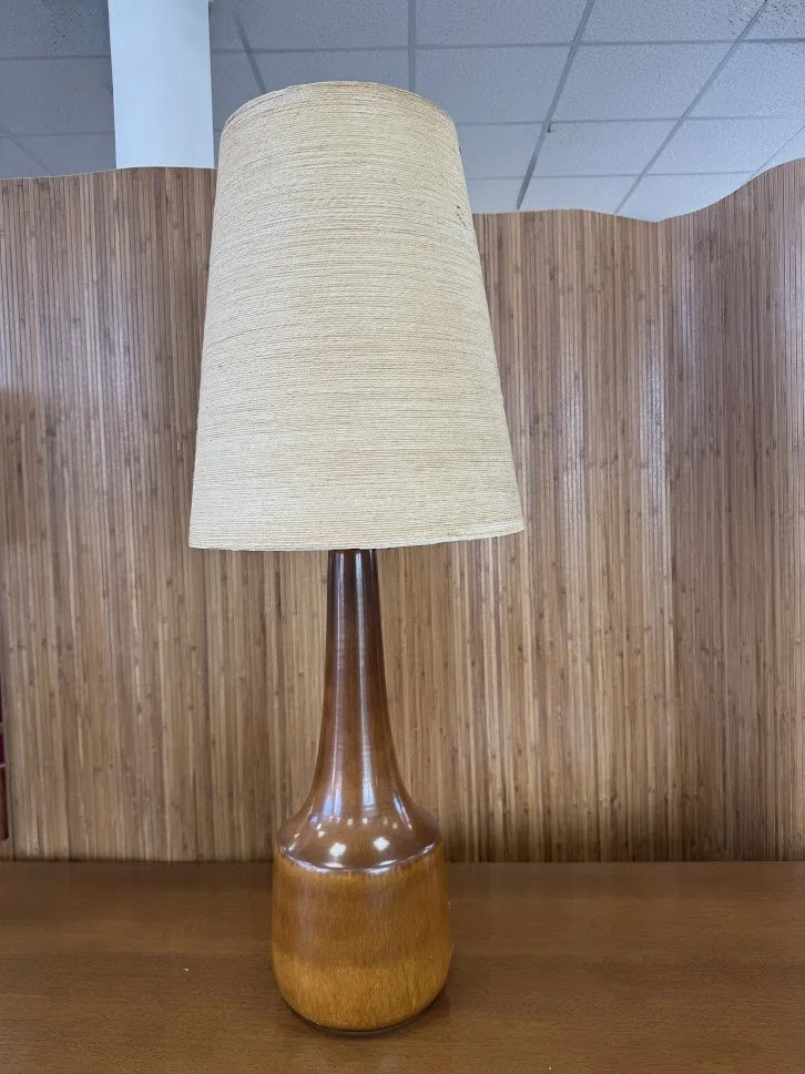 Mid Century Lotte & Gunnar Bostlund Ceramic Lamp w Original Jute Wrapped Fiberglass Shade
