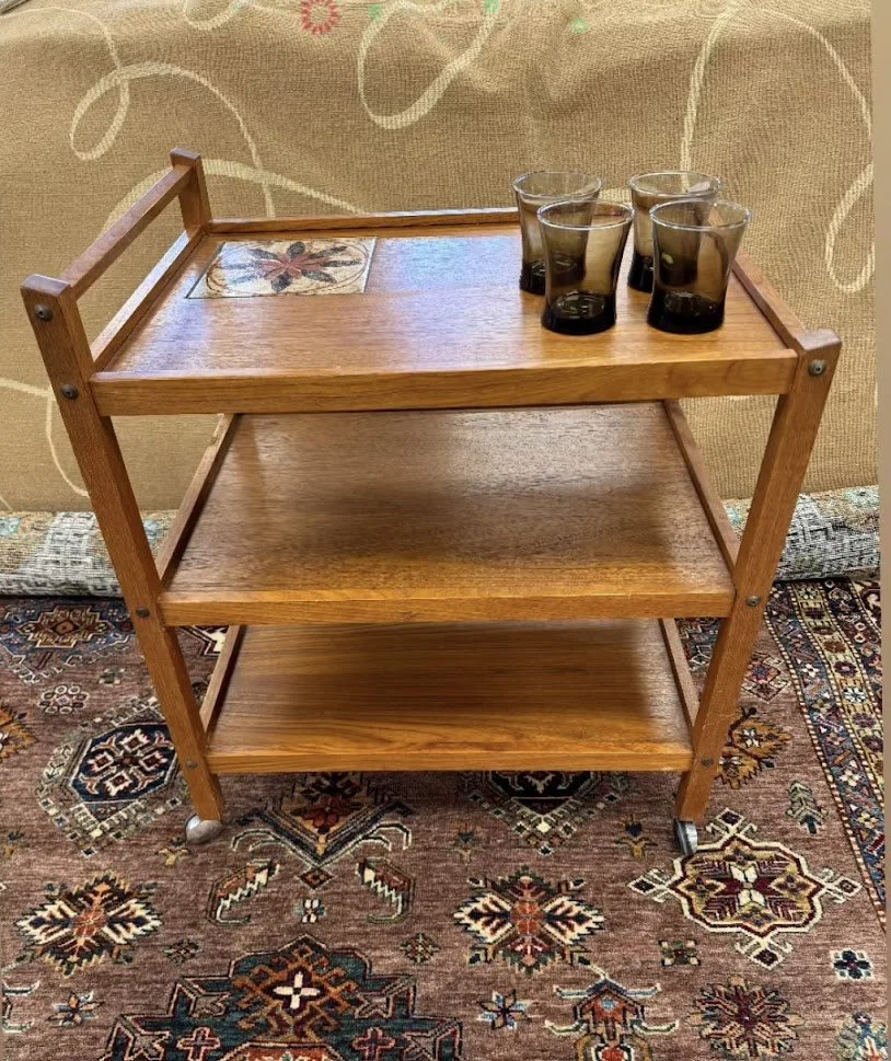 Vintage Danish 3 Tiered Teak Bar Cart w Tile Insert