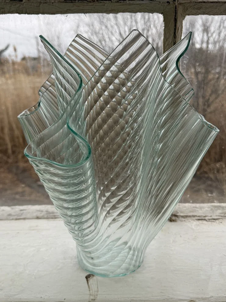 Large Vintage Ribbed Glass Handkerchief Vase Signed by Artist