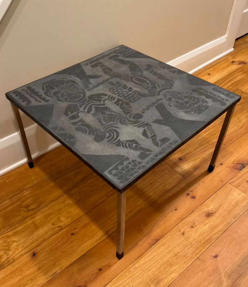 Unusual Vintage Etched Figural Tribal Side Table/Small Coffee Table 24 x 24 x 16h