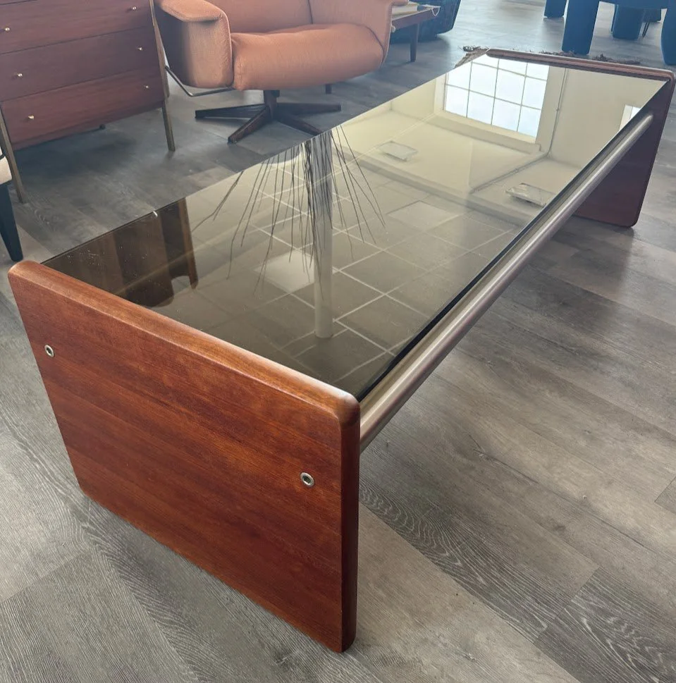 Fabulous Vintage Smoked Glass and Walnut Coffee Table with Brushed Tubular Metal Supports  62" x 21"x 17"