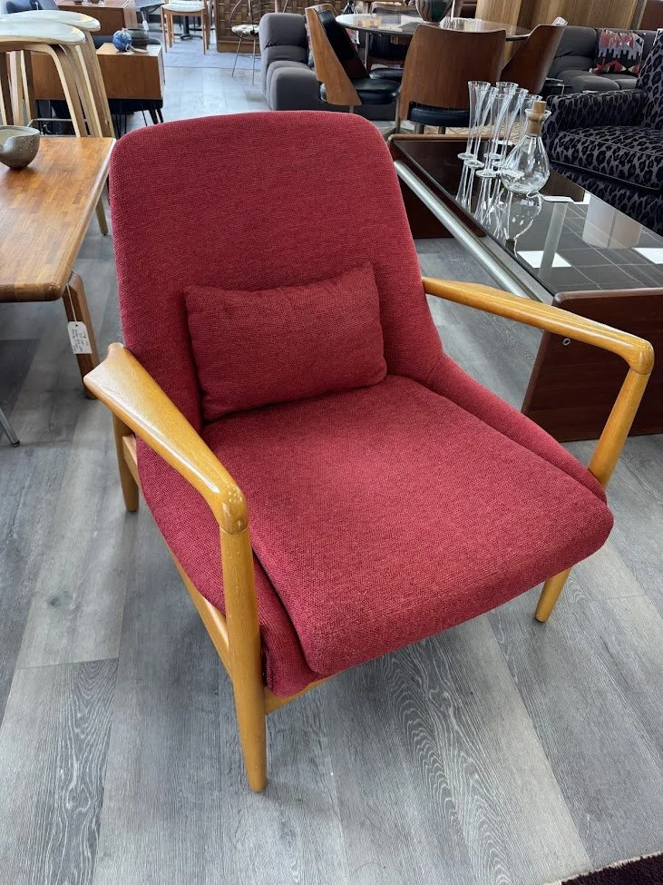 Rare Vintage 1960s Licensed Kofod Larsen Design  Lounge Chair for Shield of California Honey Walnut Frame Reupholstered