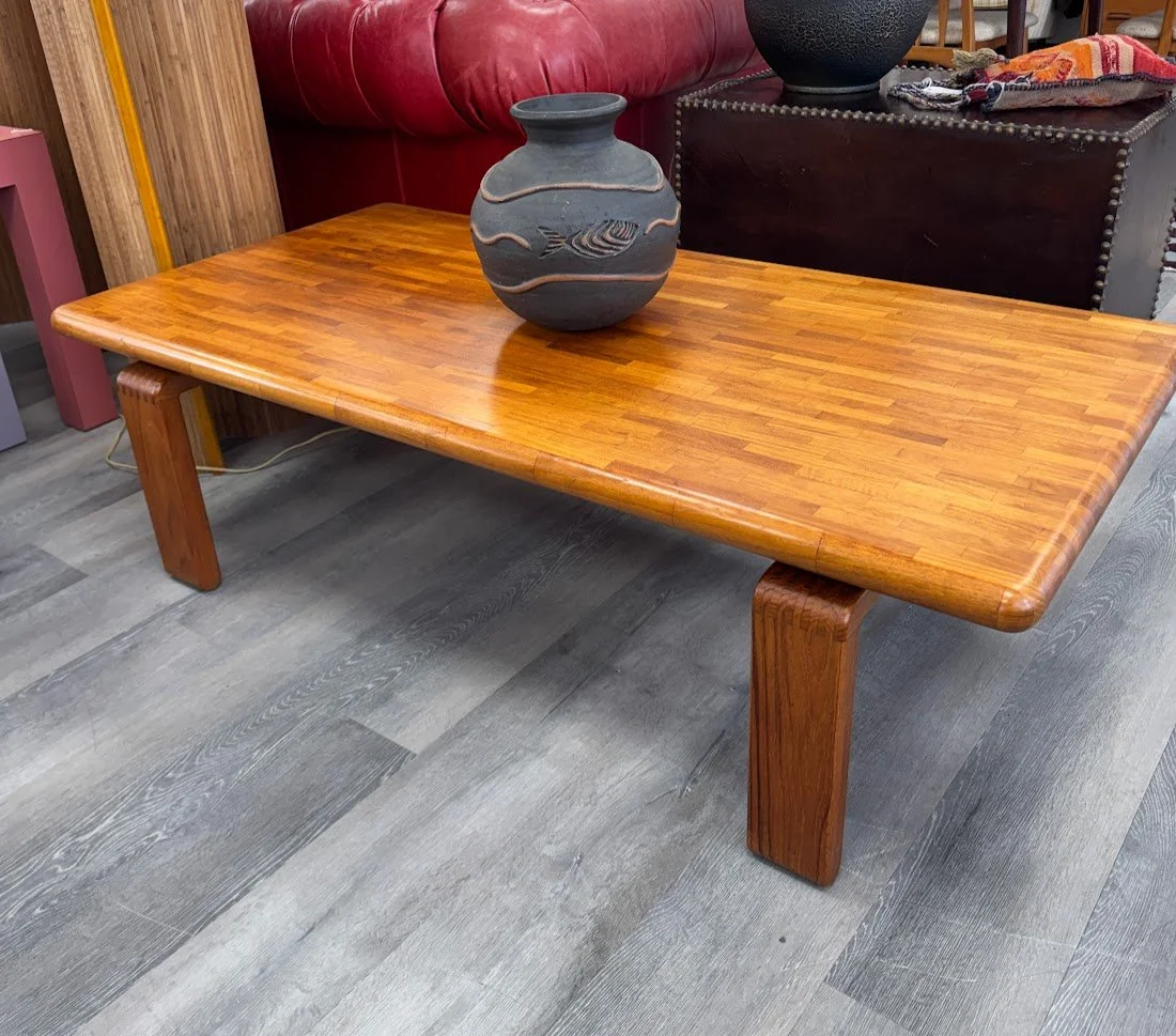 Vintage 1970s Solid Teak Butcher Block Style Coffee Table by D-Scan 54" x 27" x 16"h