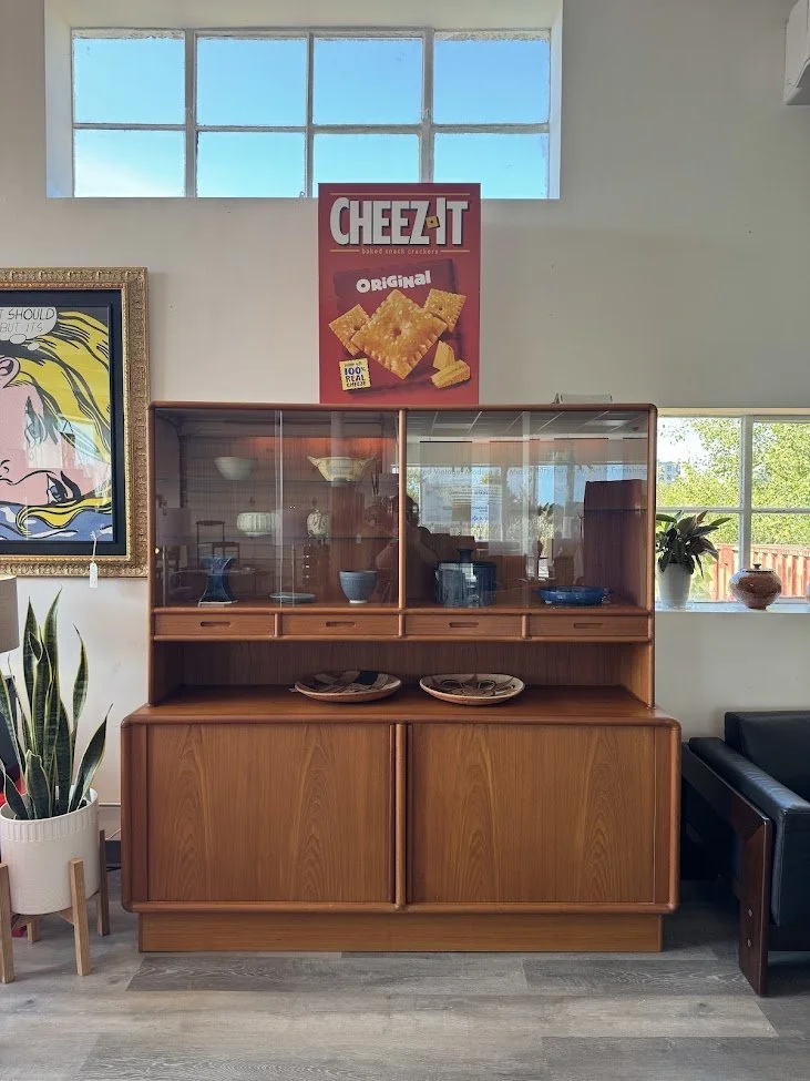 Mid Century Danish Teak 2 Piece Hutch / Wall Unit  w Tambour Doors by Kibaek Mobelfabrik 70w by 19d by 71h