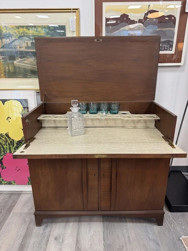 Vintage Mid Century Locking Bar Cabinet with Flip Top and Drop Front