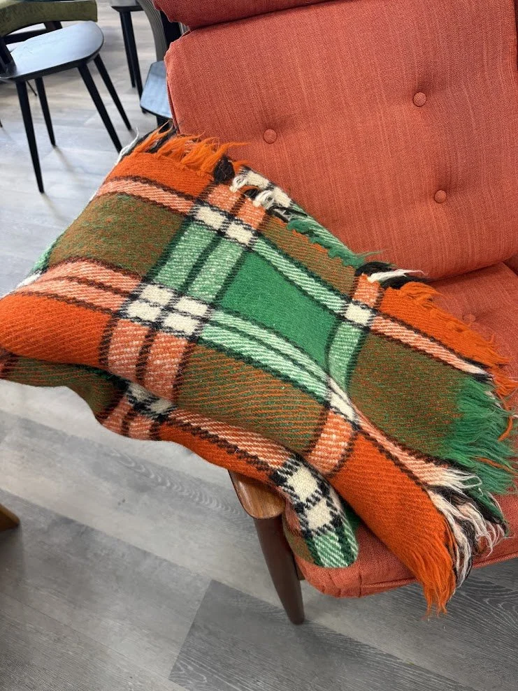 Fabulous Heavy Wool Vintage Orange and Green Plaid Blanket