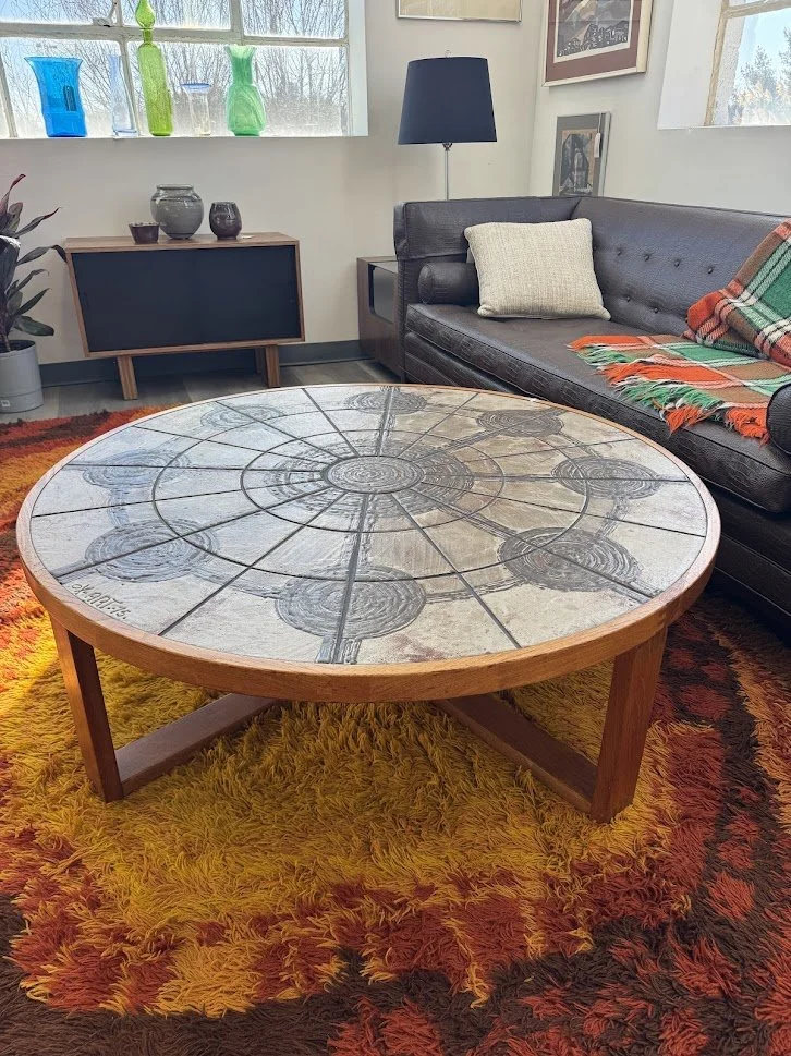 Vintage 1970s Ox Art Tile Top Coffee Table by Trioh Denmark 49" round x 17"h