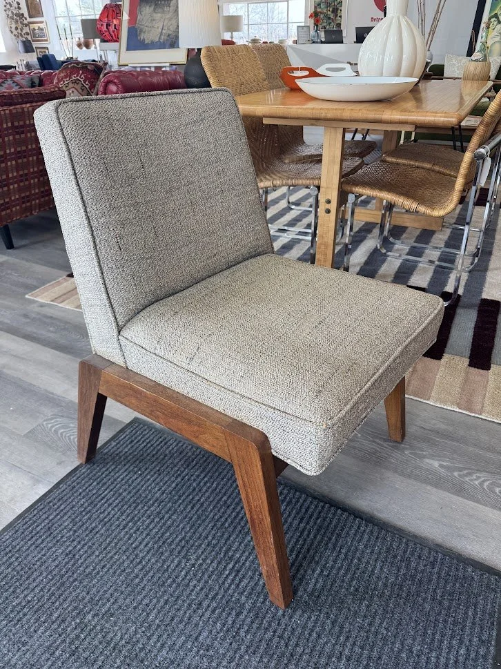 Mid Century Upholstered Slipper Chair w Solid Walnut Legs