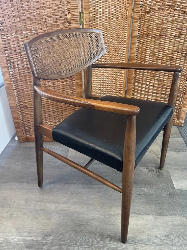 Mid Century Walnut Armchair w Woven Rattan Backrest