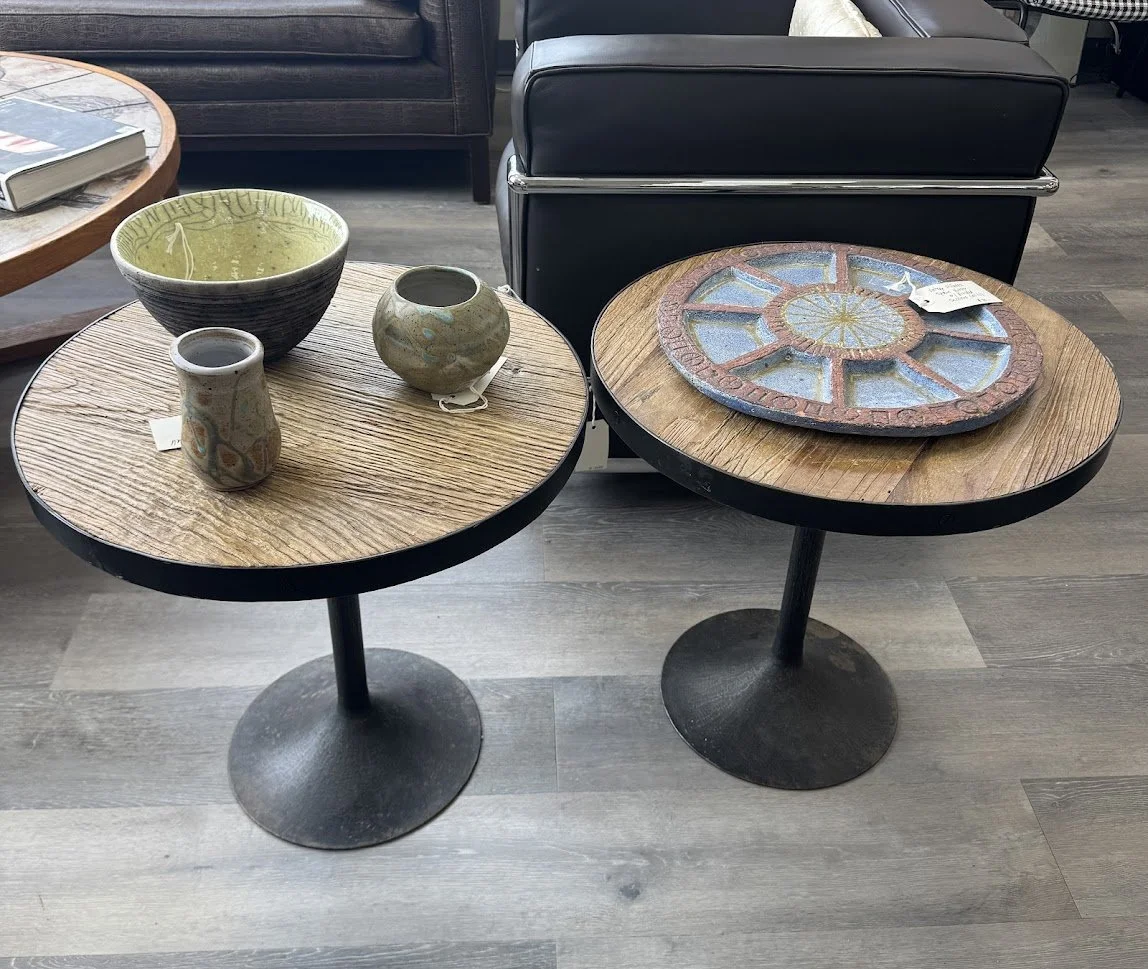 Pair of Rustic Wood Side Tables w Metal Tulip Bases