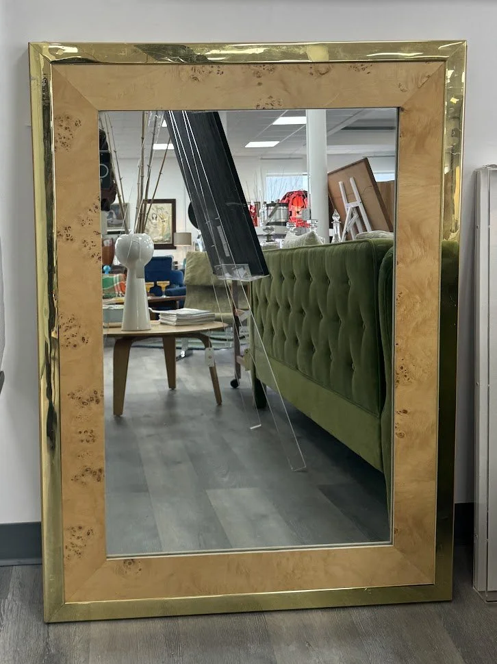 Large Vintage 1970s Burl Wood Mirror w Brass Trim